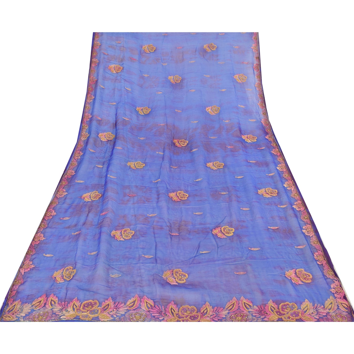 Sanskriti Vintage Blue Dupatta Long Stole Pure Chiffon Hand Beaded Tie- Dye Veil