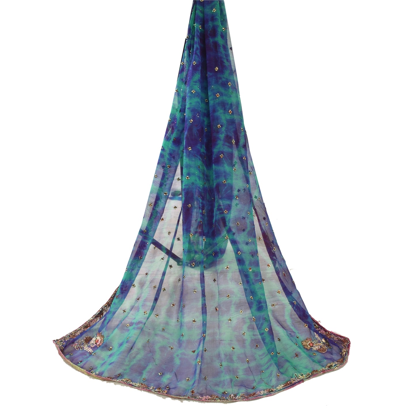 Sanskriti Vintage Dupatta Long Stole Pure Chiffon Silk Hand Beaded Tie- Dye Veil