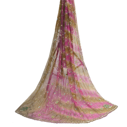 Sanskriti Vintage Dupatta Long Stole Pure Georgette SIlk Pink Hand Beaded Veil