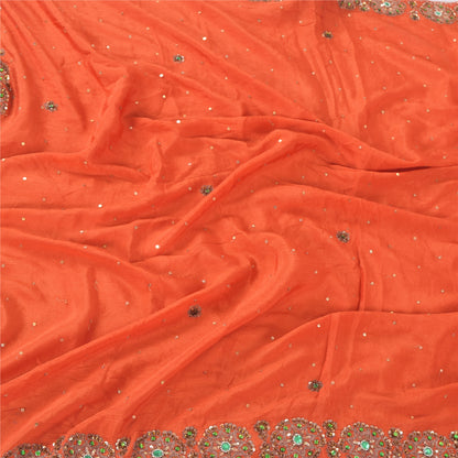 Sanskriti Vintage Orange Long Dupatta Stole Pure Chiffon Silk Hand Beaded Hijab