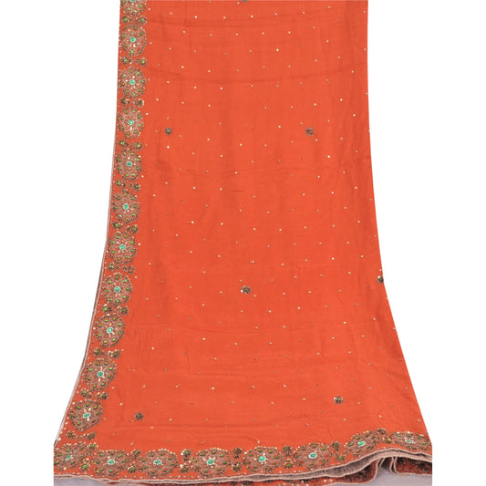 Sanskriti Vintage Orange Long Dupatta Stole Pure Chiffon Silk Hand Beaded Hijab