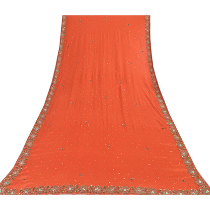 Sanskriti Vintage Orange Long Dupatta Stole Pure Chiffon Silk Hand Beaded Hijab