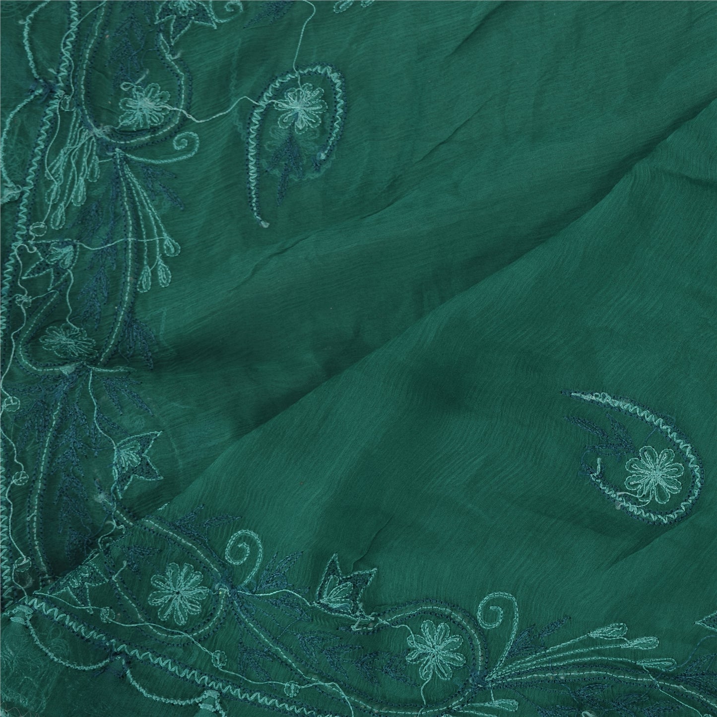 Sanskriti Vintage Long Green Dupatta/Stole Pure Chiffon Silk Hand Beaded Scarves