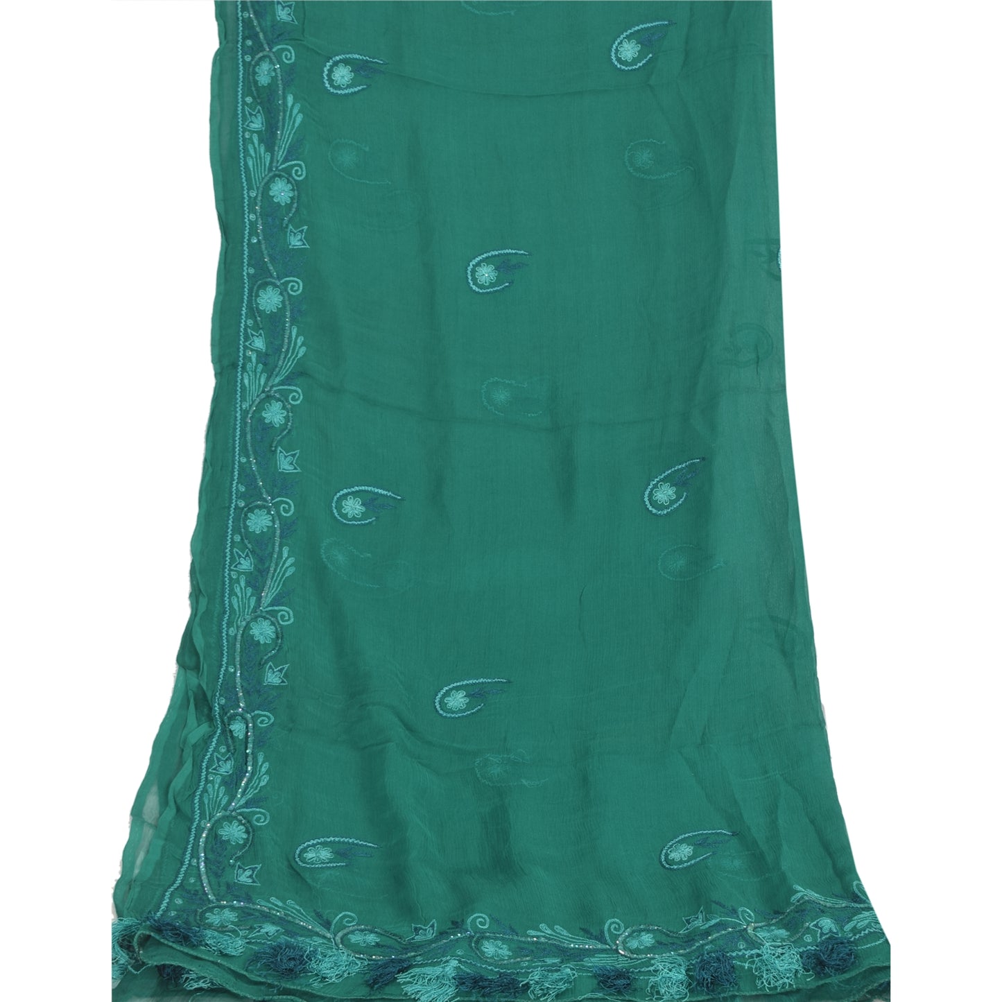 Sanskriti Vintage Long Green Dupatta/Stole Pure Chiffon Silk Hand Beaded Scarves