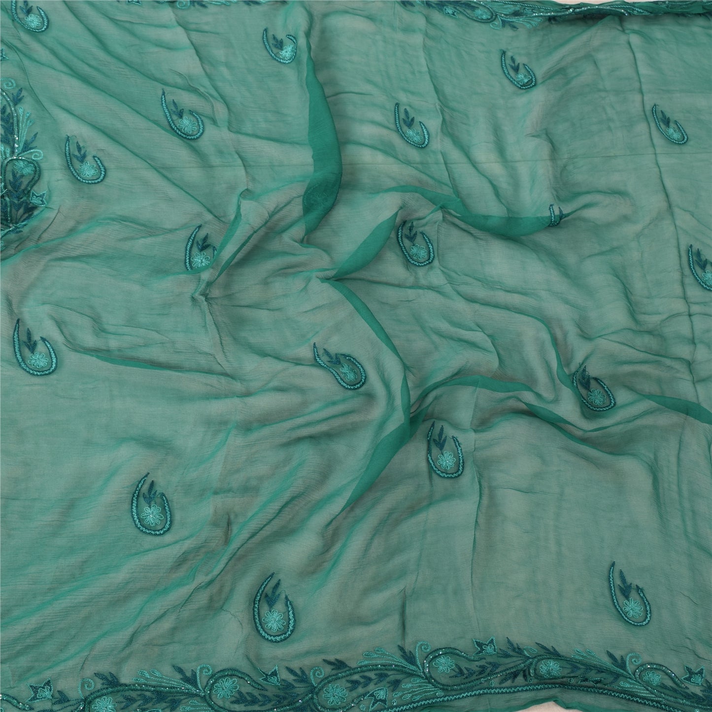 Sanskriti Vintage Long Green Dupatta/Stole Pure Chiffon Silk Hand Beaded Scarves