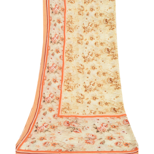 Sanskriti Vintage Ivory Long Dupatta Stole Pure Chiffon Hijab Printed wrap Veil