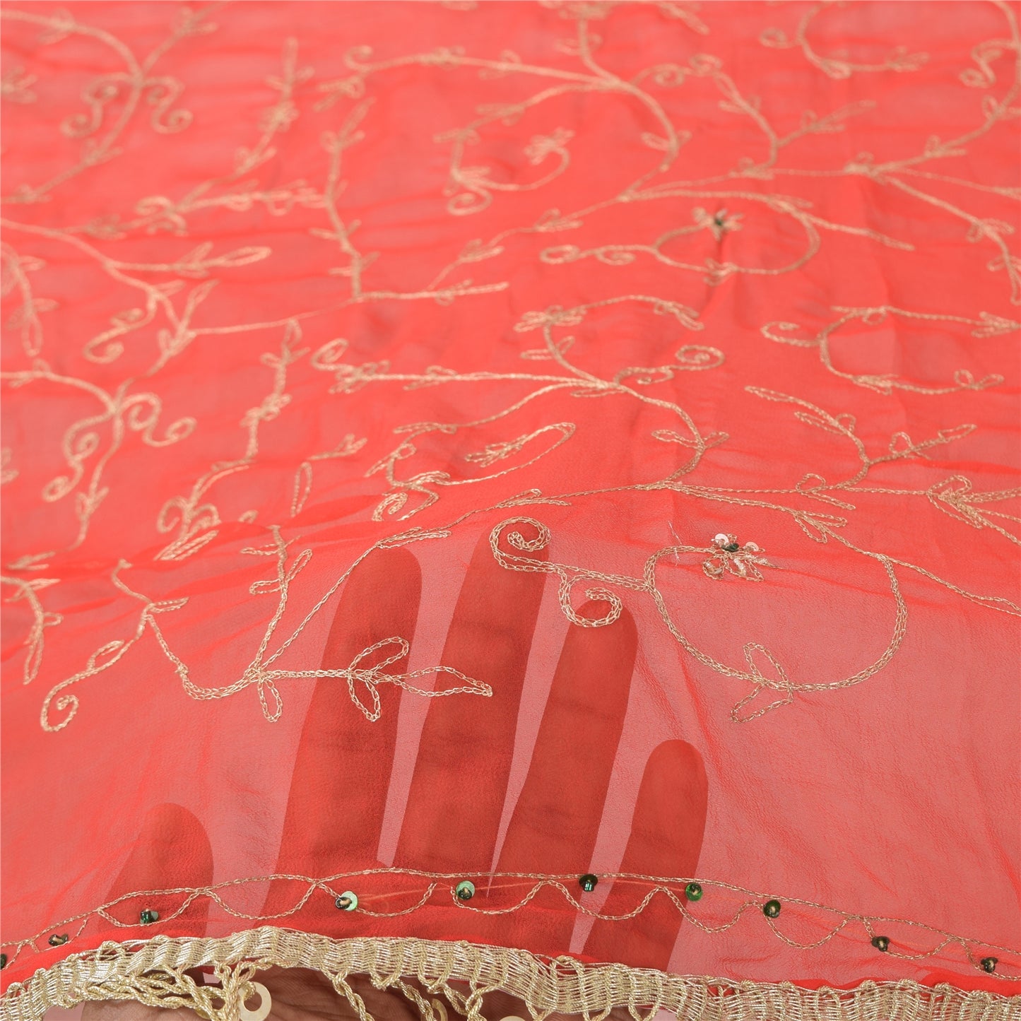 Sanskriti Vintage Long Red Dupatta/Stole Georgette Hand Beaded Premium Wrap Veil