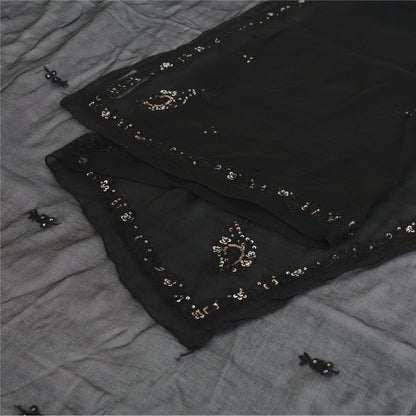 Sanskriti Vintage Black Long Dupatta/Stole Pure Chiffon Silk Hand Beaded Scarves