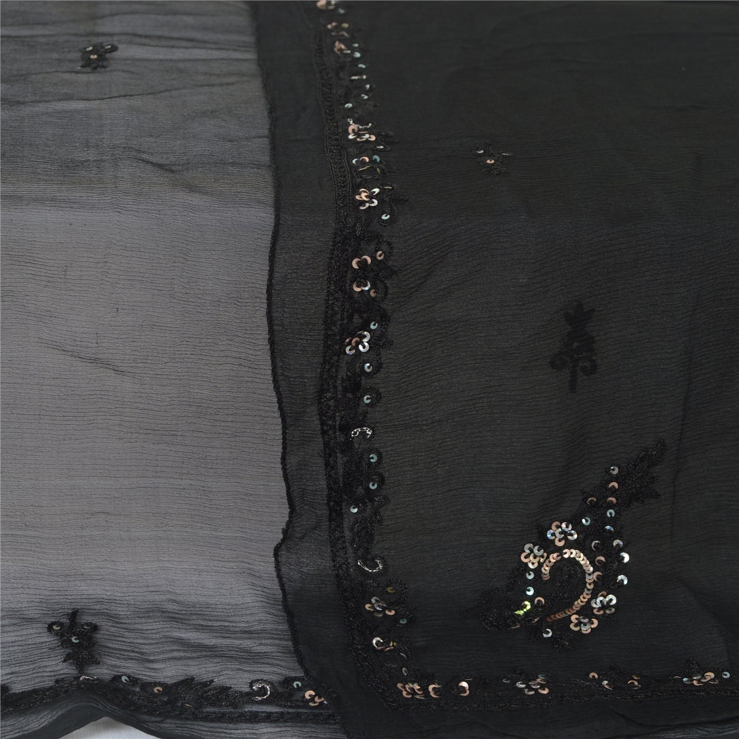 Sanskriti Vintage Black Long Dupatta/Stole Pure Chiffon Silk Hand Beaded Scarves