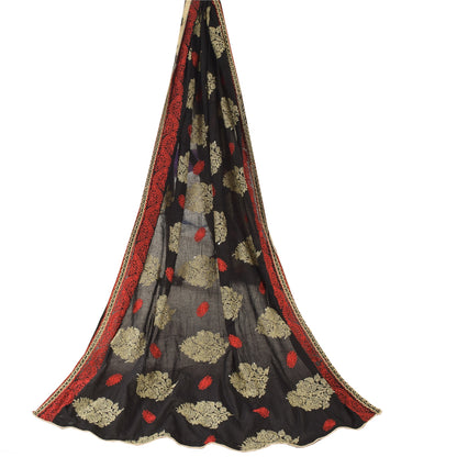 Sanskriti Vintage Black Long Dupatta Stole Pure Cotton Embroidered Wrap Scarves