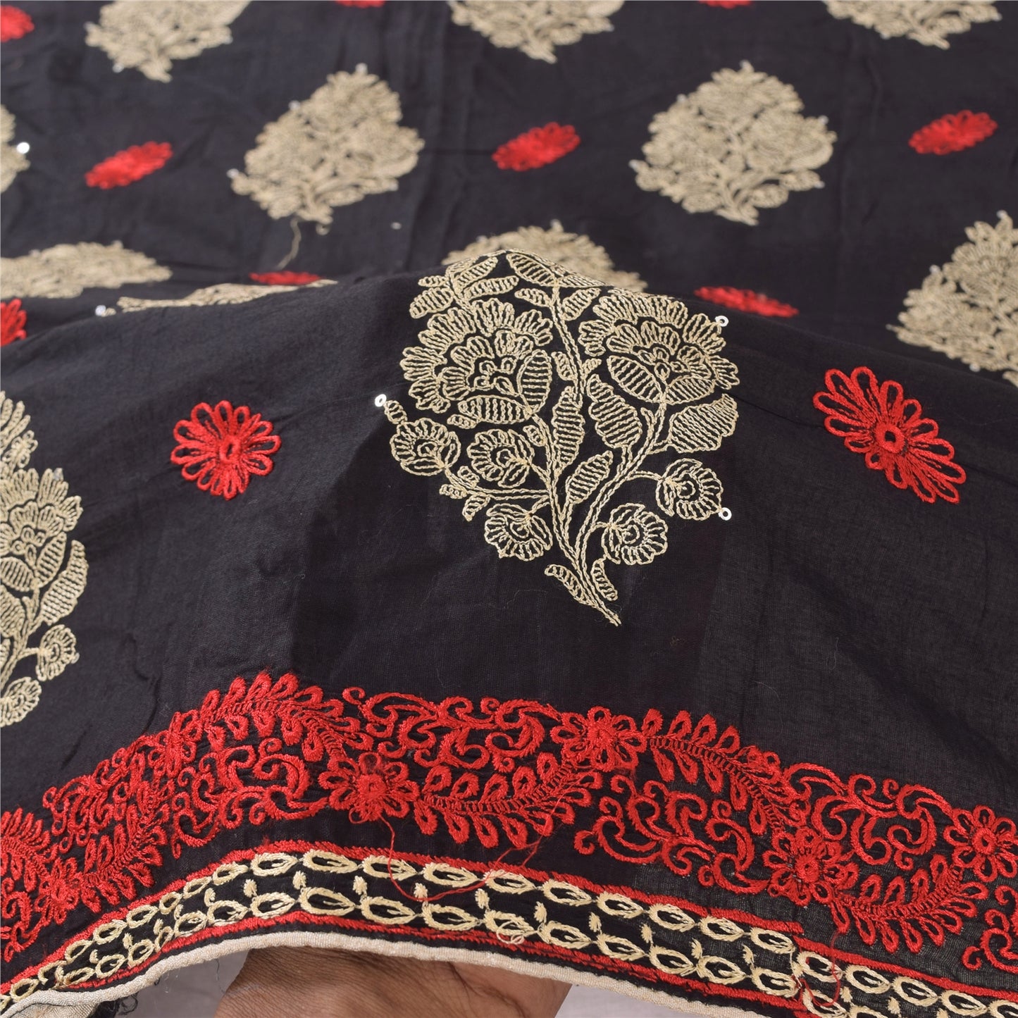 Sanskriti Vintage Black Long Dupatta Stole Pure Cotton Embroidered Wrap Scarves