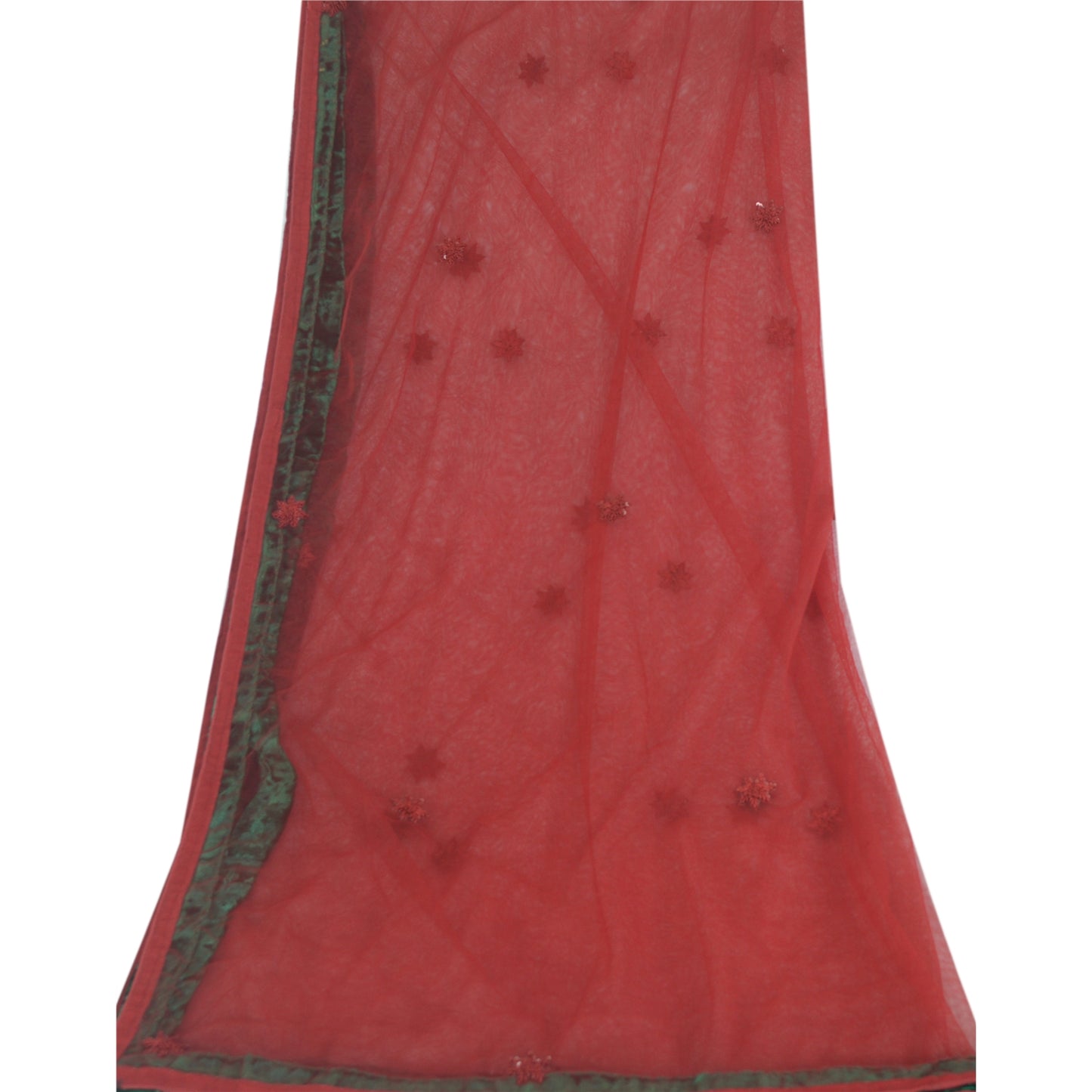 Sanskriti Vintage Dark Red Long Dupatta Stole Net Mesh Hand Beaded Wrap Scarves