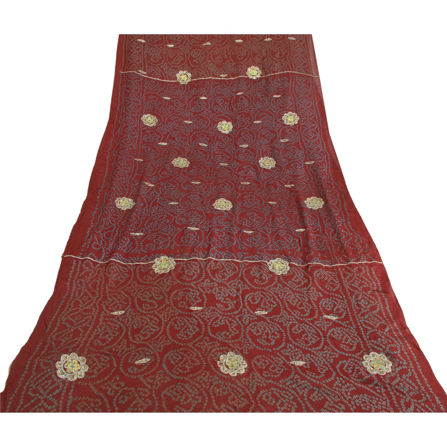 Sanskriti Vintage Long Dupatta Stole Pure Silk Dark Red Handmade Bandhani Gota