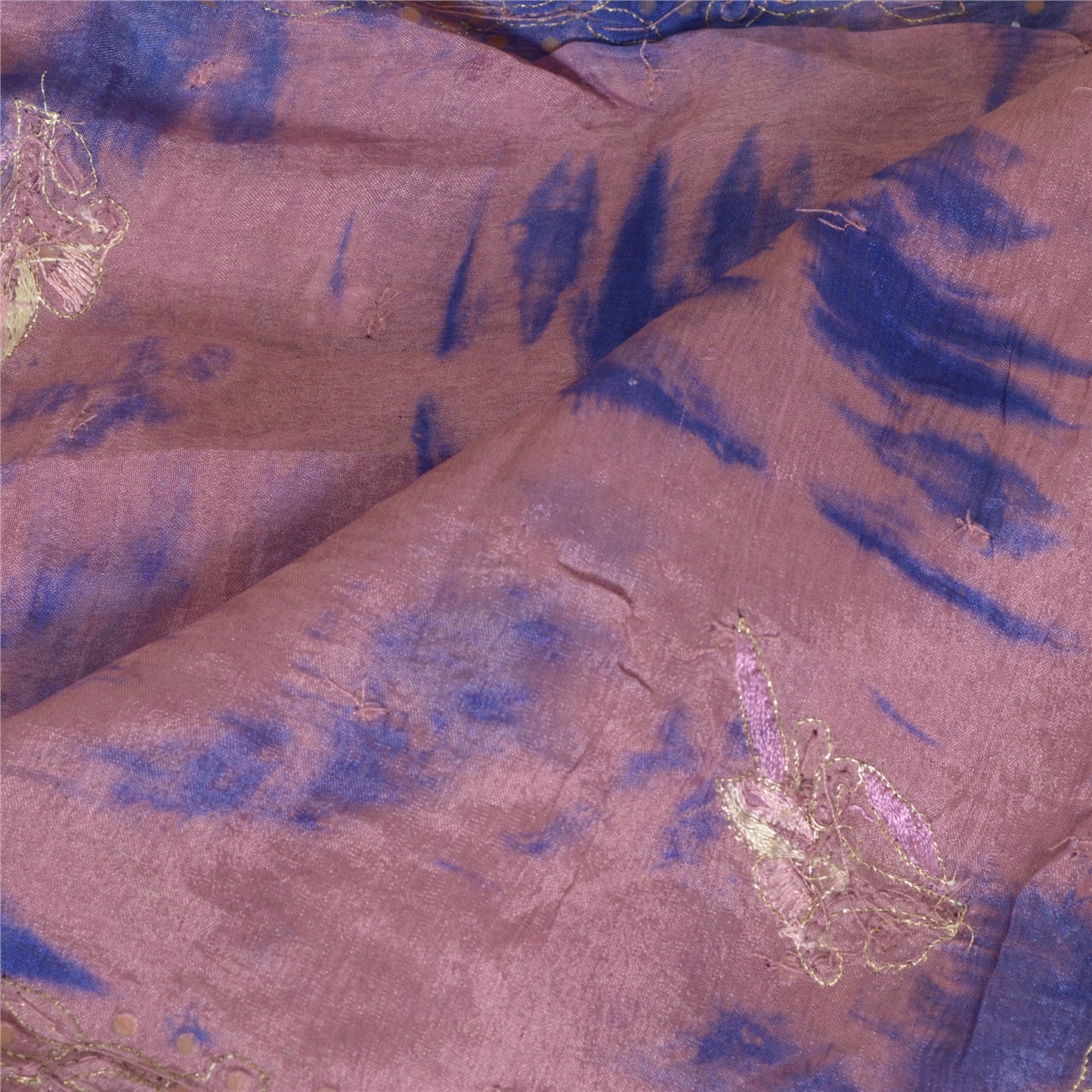 Sanskriti Vintage Pink/Blue Dupatta Long Stole Pure Silk Hand Beaded Tie-Dye