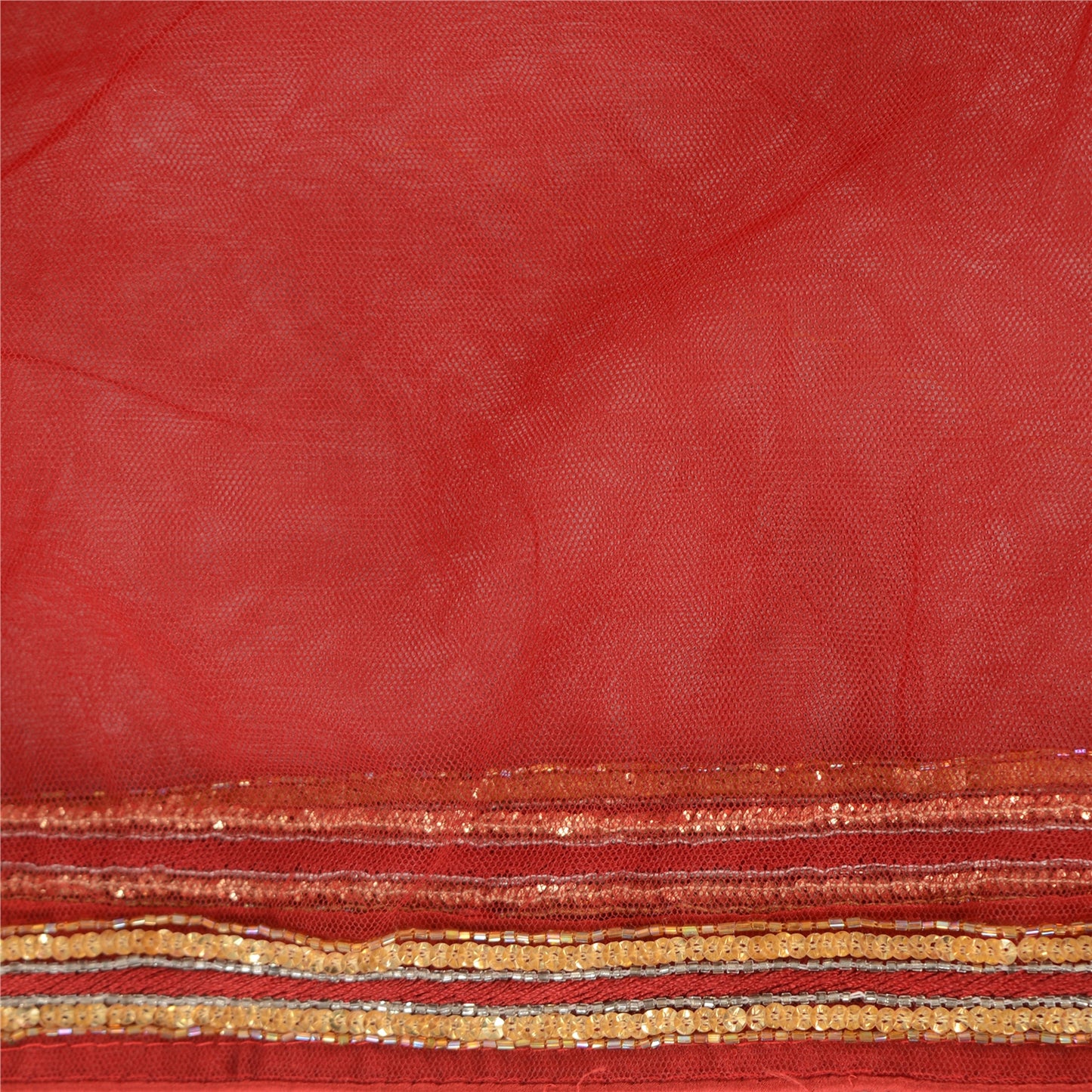 Sanskriti Vintage Red Long Dupatta Stole Net Mesh Hand Beaded Premium Wrap Veil