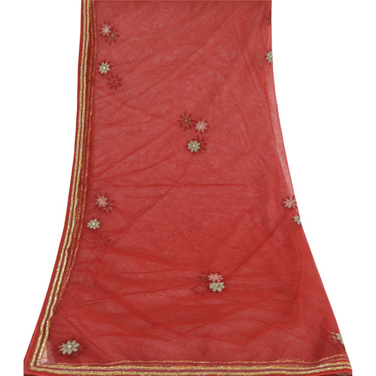 Sanskriti Vintage Red Long Dupatta Stole Net Mesh Hand Beaded Premium Wrap Veil