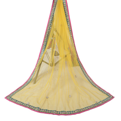 Sanskriti Vintage Yellow Long Dupatta Stole Net Mesh Veil Hand Beaded Scarves