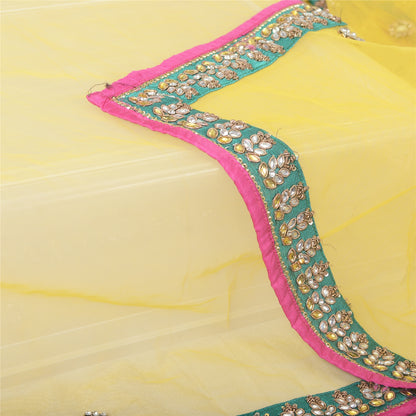 Sanskriti Vintage Yellow Long Dupatta Stole Net Mesh Veil Hand Beaded Scarves