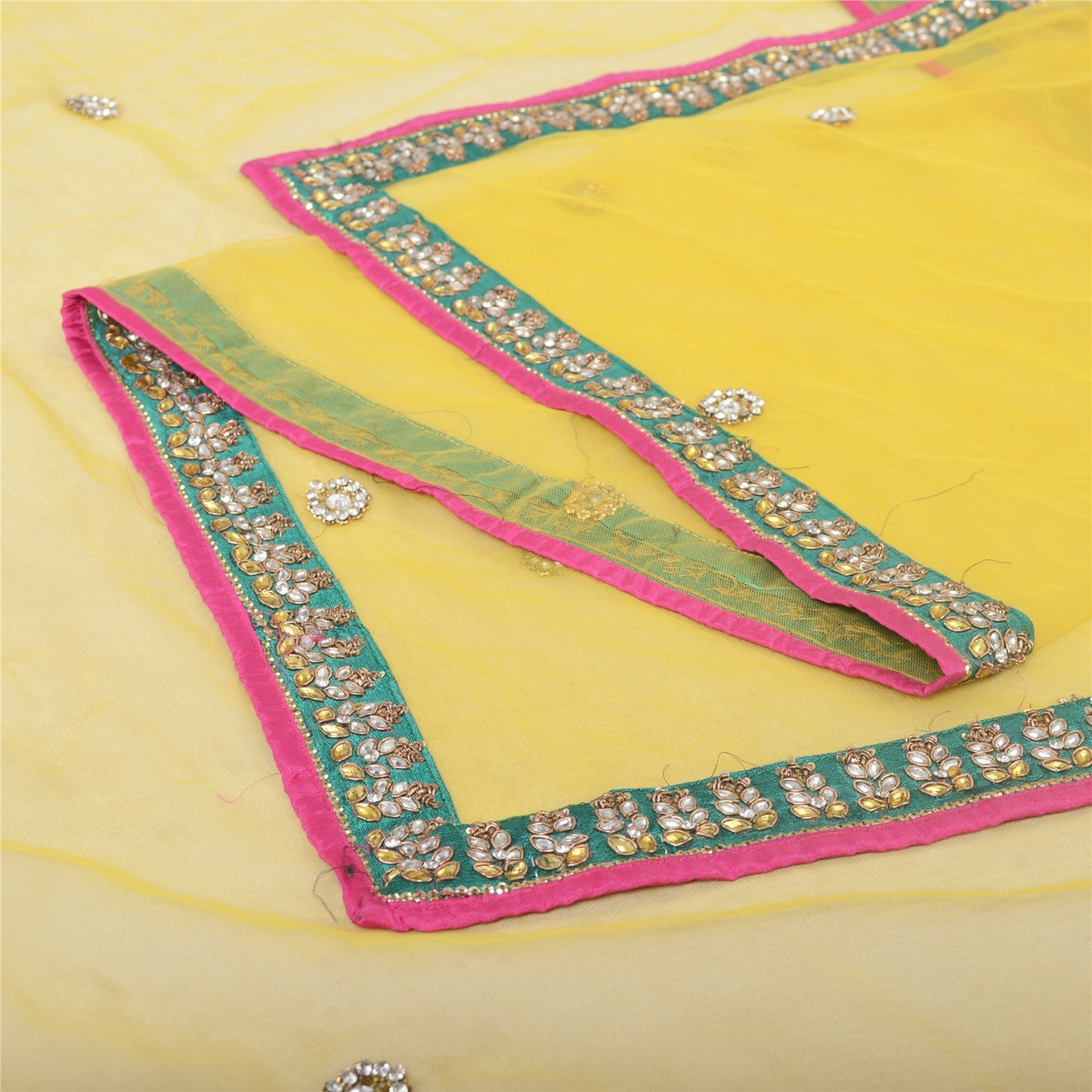 Sanskriti Vintage Yellow Long Dupatta Stole Net Mesh Veil Hand Beaded Scarves