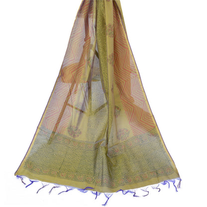 Sanskriti Vintage Long Dupatta Stole Cotton Silk Green Hand-Block Printed Shawl