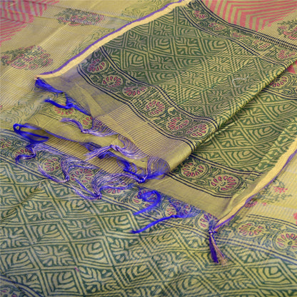 Sanskriti Vintage Long Dupatta Stole Cotton Silk Green Hand-Block Printed Shawl