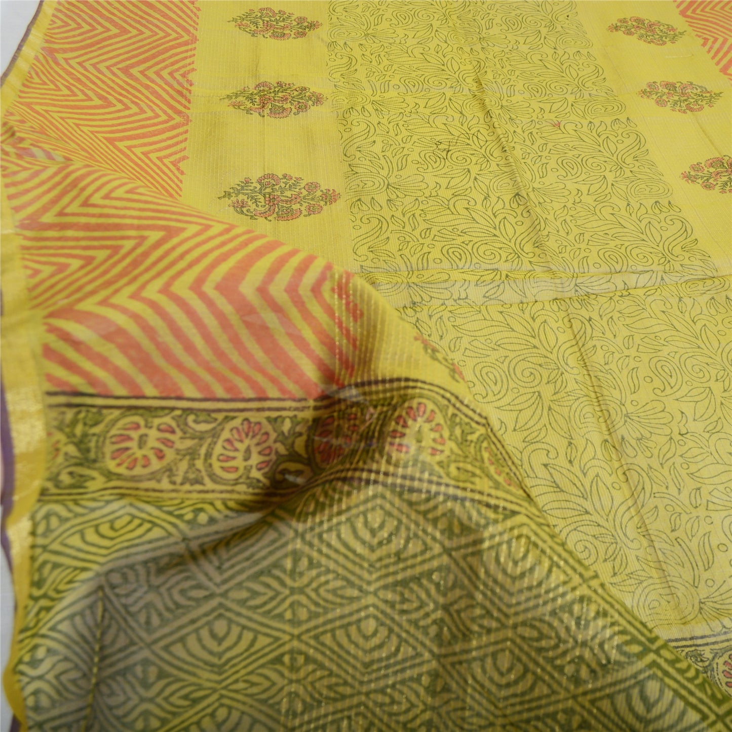 Sanskriti Vintage Long Dupatta Stole Cotton Silk Green Hand-Block Printed Shawl