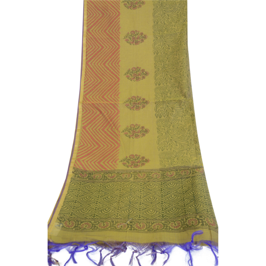 Sanskriti Vintage Long Dupatta Stole Cotton Silk Green Hand-Block Printed Shawl