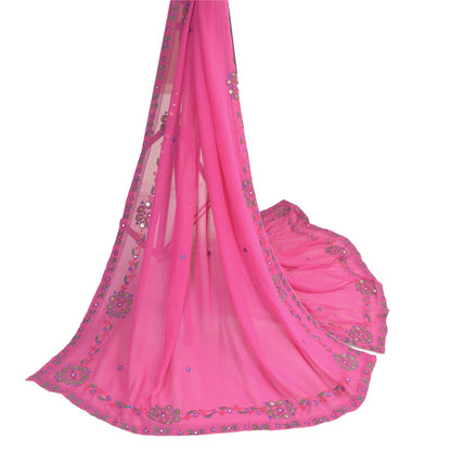 Sanskriti Vintage Dupatta Long Stole Pure Georgette Silk Pink Hand Beaded Veil