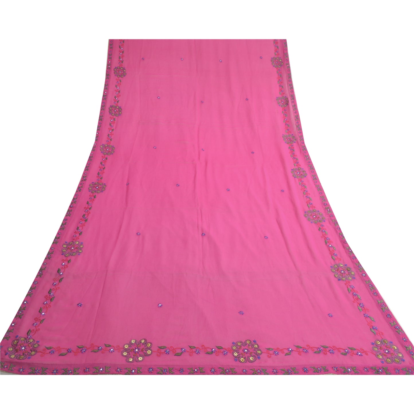 Sanskriti Vintage Dupatta Long Stole Pure Georgette Silk Pink Hand Beaded Veil