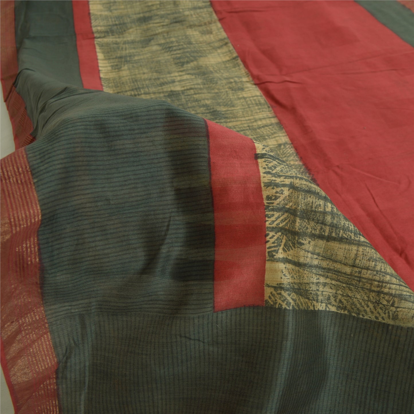 Sanskriti Vintage Long Dupatta Stole Pure Silk Red/Green Solid/Print Veil Hijab