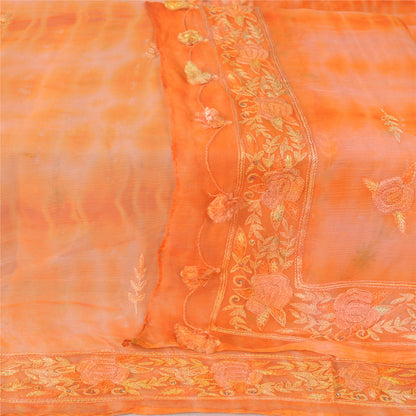 Sanskriti Vintage Long Dupatta Stole Orange Pure Chiffon TieDye Embroidered Veil