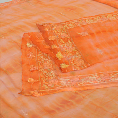 Sanskriti Vintage Long Dupatta Stole Orange Pure Chiffon TieDye Embroidered Veil