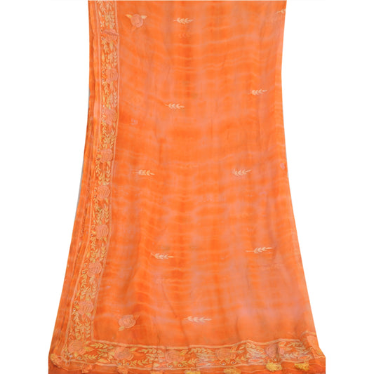 Sanskriti Vintage Long Dupatta Stole Orange Pure Chiffon TieDye Embroidered Veil