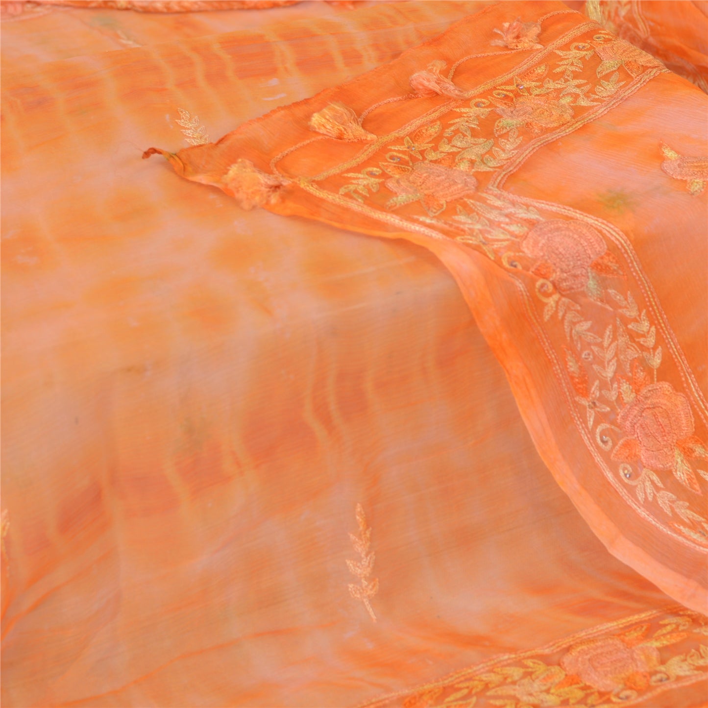 Sanskriti Vintage Long Dupatta Stole Orange Pure Chiffon TieDye Embroidered Veil