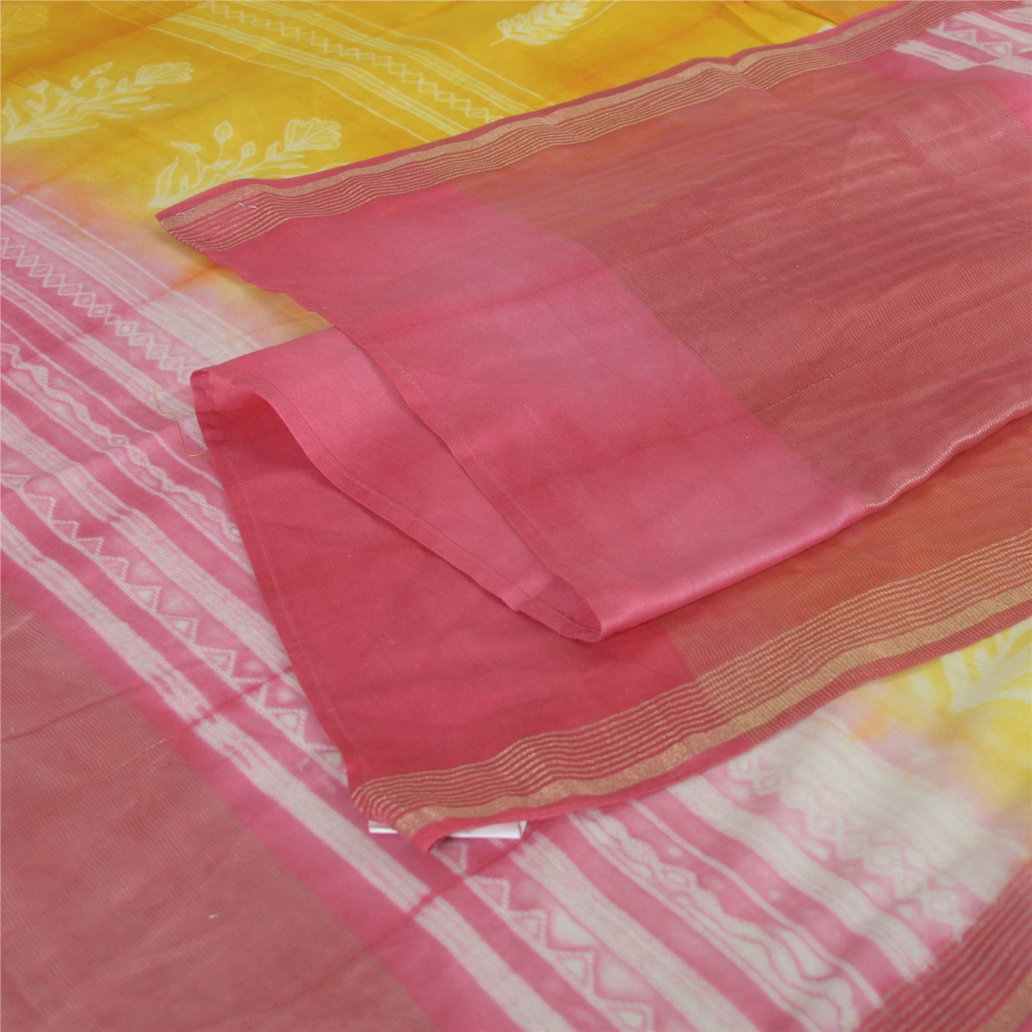 Sanskriti Vintage Long Dupatta Stole Yellow/Pink Zari Printed Pure Cotton Veil