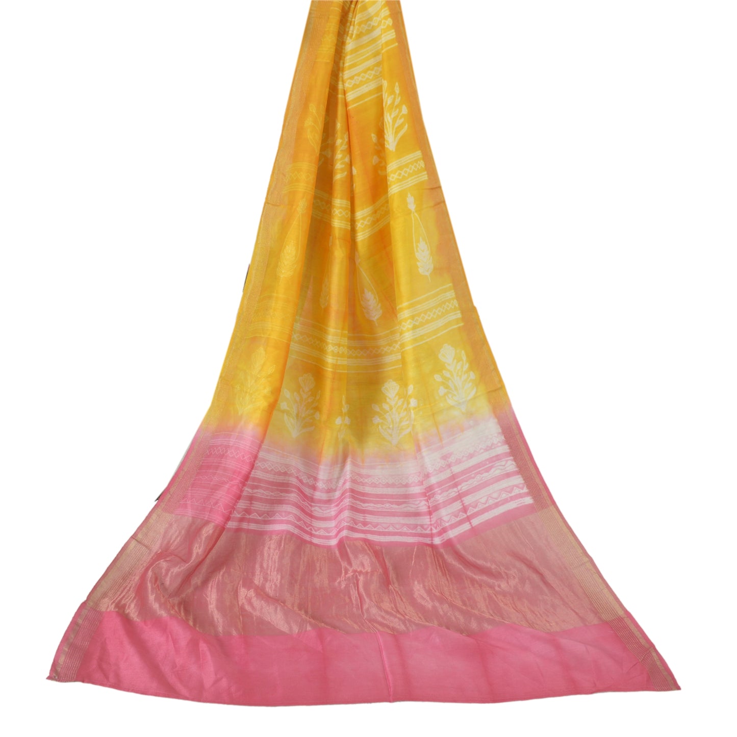 Sanskriti Vintage Long Dupatta Stole Yellow/Pink Zari Printed Pure Cotton Veil