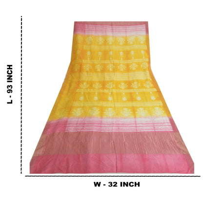 Sanskriti Vintage Long Dupatta Stole Yellow/Pink Zari Printed Pure Cotton Veil