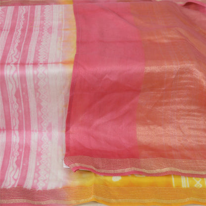 Sanskriti Vintage Long Dupatta Stole Yellow/Pink Zari Printed Pure Cotton Veil