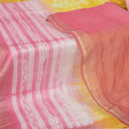 Sanskriti Vintage Long Dupatta Stole Yellow/Pink Zari Printed Pure Cotton Veil