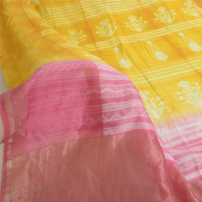 Sanskriti Vintage Long Dupatta Stole Yellow/Pink Zari Printed Pure Cotton Veil