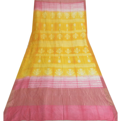 Sanskriti Vintage Long Dupatta Stole Yellow/Pink Zari Printed Pure Cotton Veil