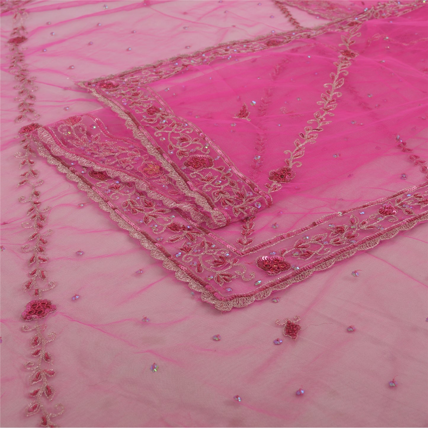 Sanskriti Vintage Long Dupatta Stole Pink Hand Beaded Net Mesh Zari Veil Hijab