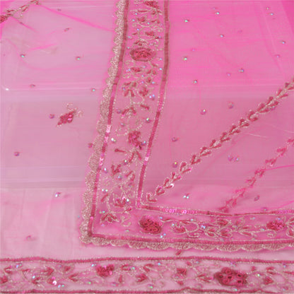 Sanskriti Vintage Long Dupatta Stole Pink Hand Beaded Net Mesh Zari Veil Hijab