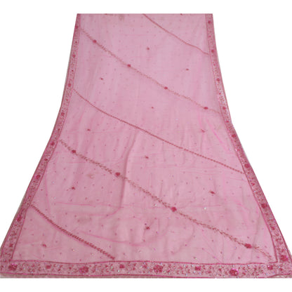 Sanskriti Vintage Long Dupatta Stole Pink Hand Beaded Net Mesh Zari Veil Hijab