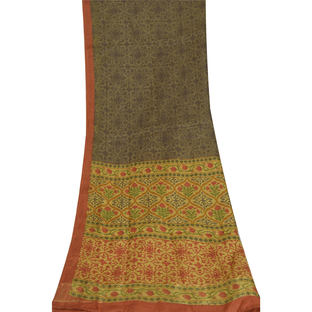Sanskriti Vintage Long Dupatta Green 100% Pure Silk Printed Stole Scarves Veil