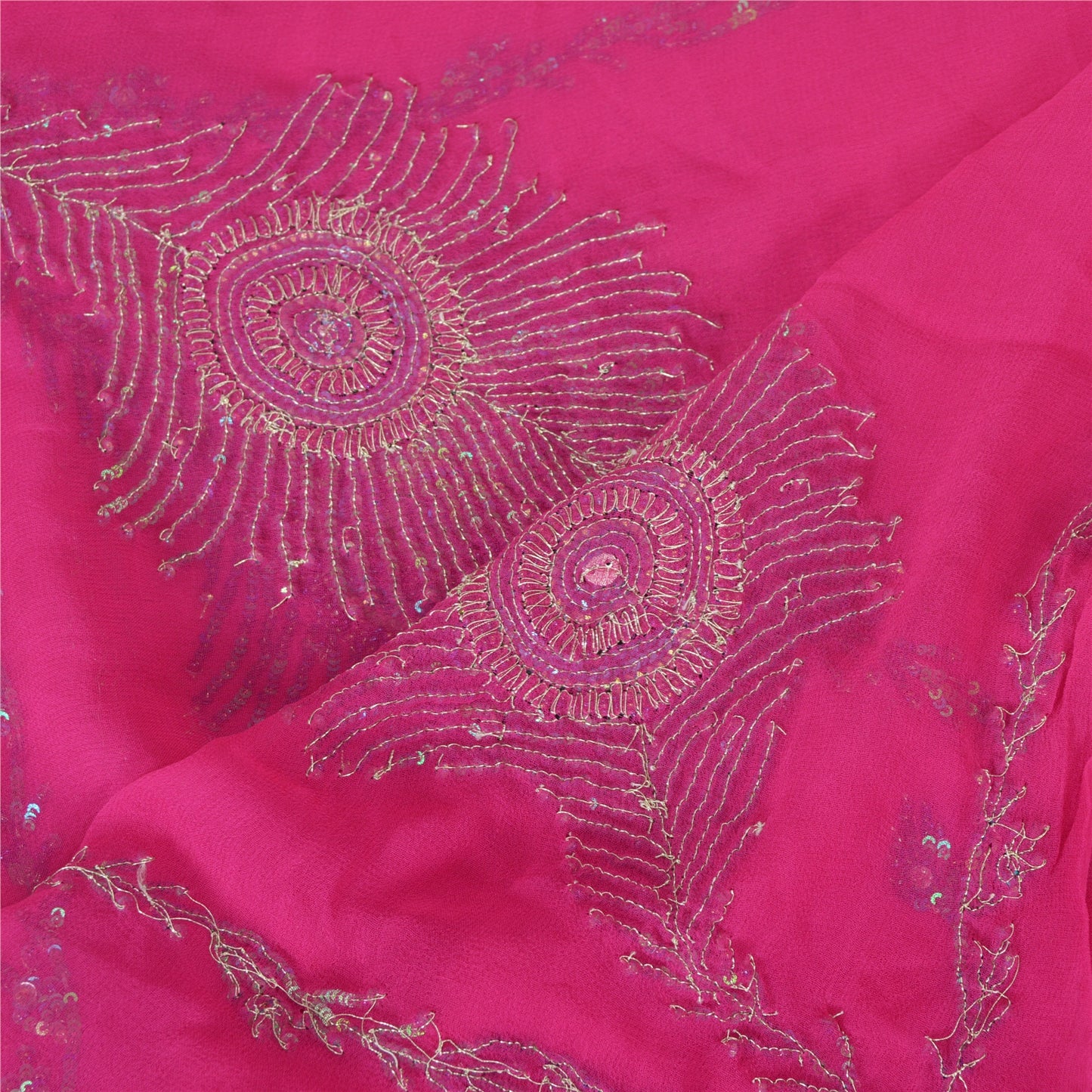 Sanskriti Vintage Long Hot-Pink Dupatta Pure Georgette Hand Beaded Sequins Veil