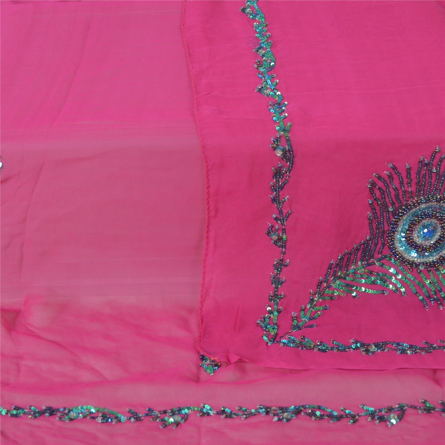 Sanskriti Vintage Long Hot-Pink Dupatta Pure Georgette Hand Beaded Sequins Veil