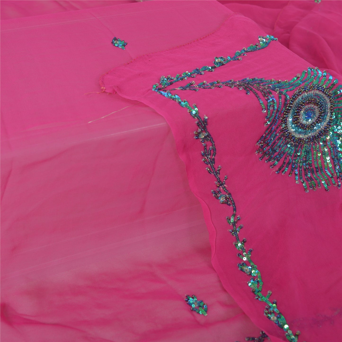 Sanskriti Vintage Long Hot-Pink Dupatta Pure Georgette Hand Beaded Sequins Veil