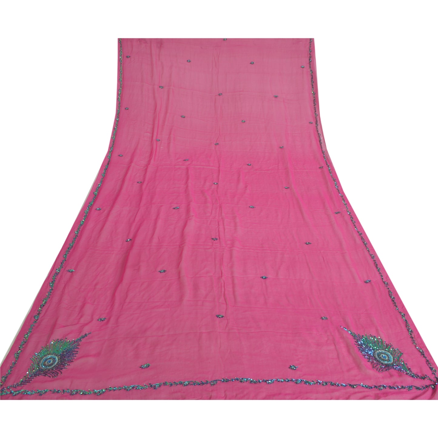 Sanskriti Vintage Long Hot-Pink Dupatta Pure Georgette Hand Beaded Sequins Veil