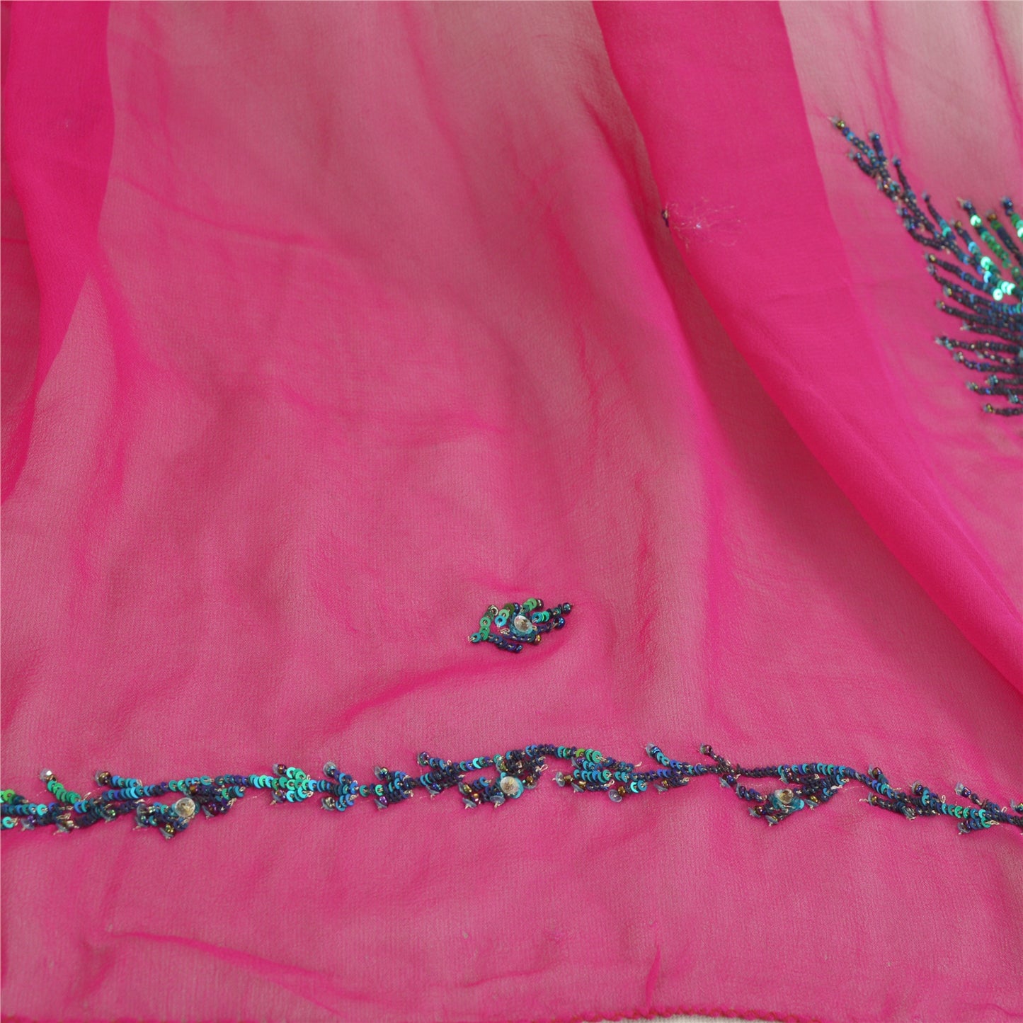 Sanskriti Vintage Long Hot-Pink Dupatta Pure Georgette Hand Beaded Sequins Veil